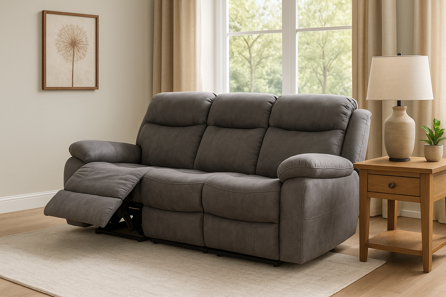 A cozy living room with a dark gray reclining sofa partially extended