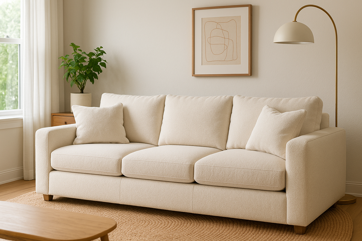 Modern living room featuring one of the most comfortable sofas of 2025 with plush cushions, soft beige upholstery, and a cozy minimalist setup tested and reviewed by real shoppers